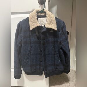 Burberry Navy Plaid Bomber Jacket with Cream Collar